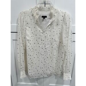 Talbots White Silver Polka Dot Ruffle Neck Blouse Top Womens Size S